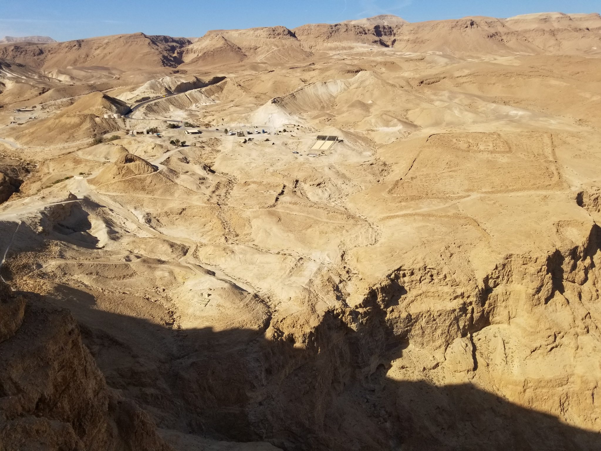 The remains of the actual campsites of the Roman legions assaulting Masada form the rectangular site on the right hand site of this photo.